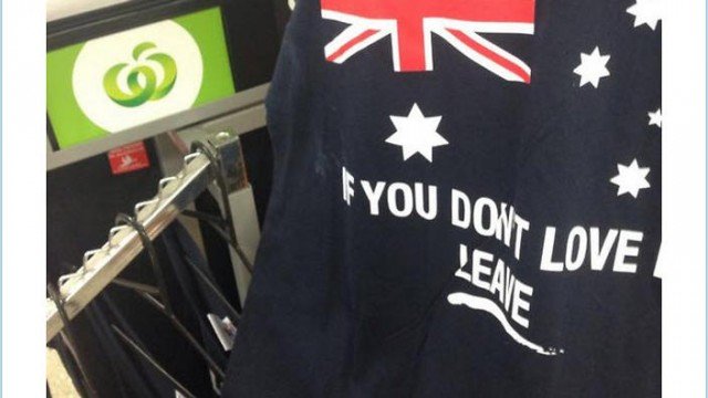 The singlet bearing a slogan seen by many as racist was on sale at two Woolworths stores in Queensland and New South Wales