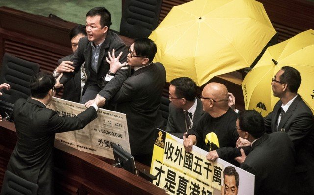 Hong Kong parliament protests during CY Leung speech