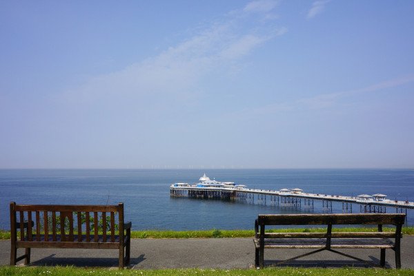 Wooden Benches and Llandudno Pier in Background