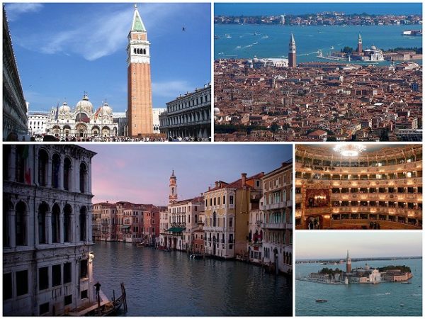 A collage of Venice: at the top left is the Piazza San Marco, followed by a view of the city, then the Grand Canal, and (smaller) the interior of La Fenice and, finally, the Island of San Giorgio Maggiore.